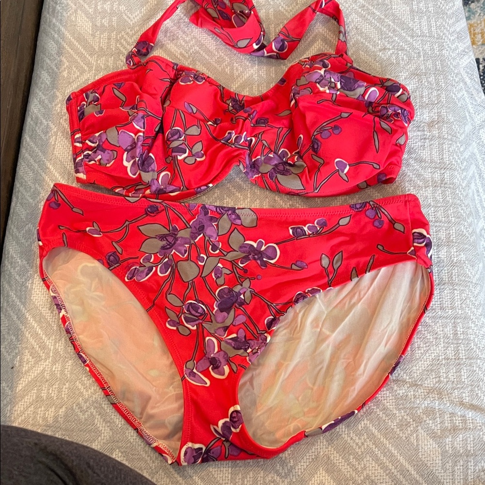 Fantasie Red Floral Underwire Bikini Set with Purple Accents